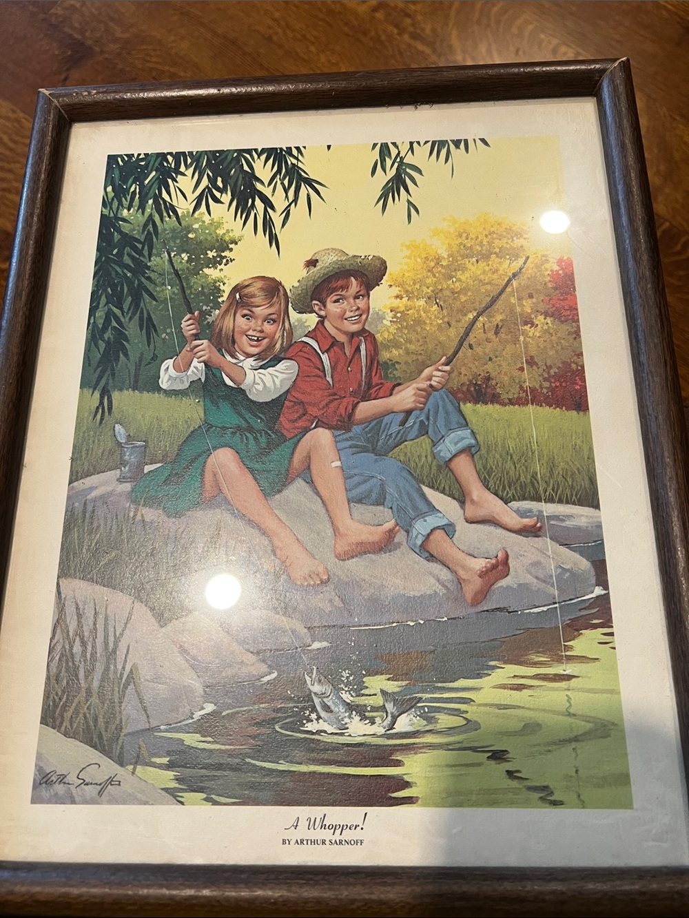 Framed Vintage-Style Kids Fishing Art Print in Green and Red